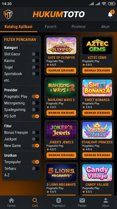 Tampilan katalog aplikasi hukumtoto